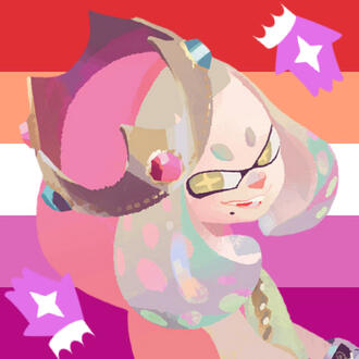An icon of Pearl Houzuki with a lesbian flag background. Pearl is in her casual outfit and is looking to the side while grinning. Her logo, which is partly cropped out, can be seen on the bottom left and top right corners.